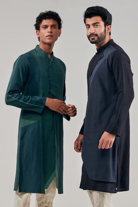 Shreyansh Designs_Green Cotton Linen Asymmetric Panelled Kurta _Online_at_Aza_Fashions
