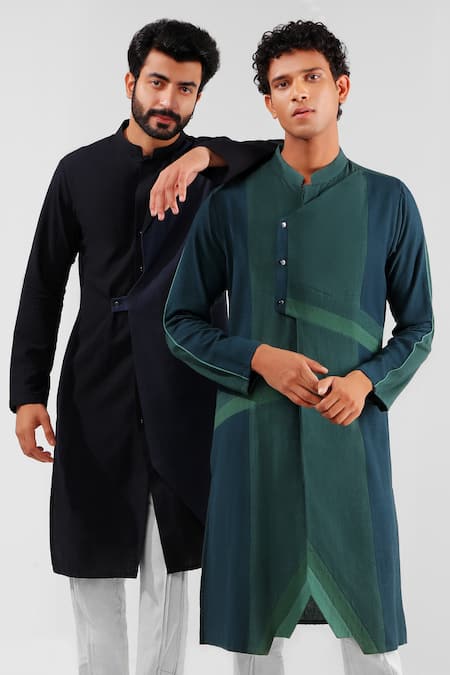 Shreyansh Designs_Black Cotton Linen Asymmetric Kurta _at_Aza_Fashions