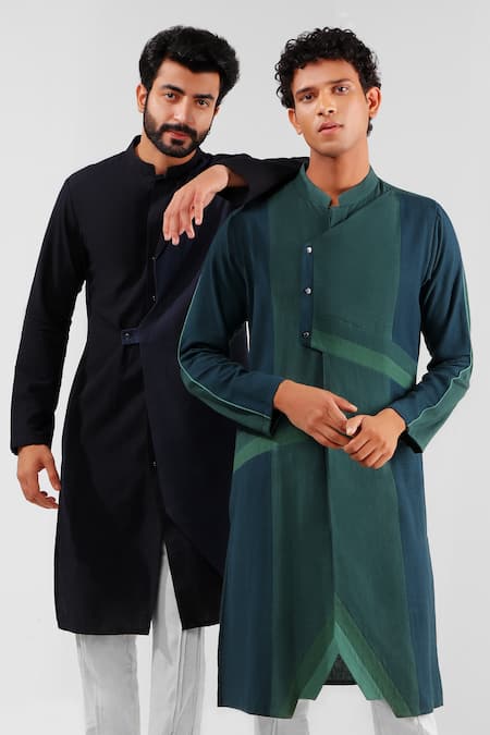 Buy_Shreyansh Designs_Green Cotton Linen Asymmetric Panelled Kurta _Online_at_Aza_Fashions