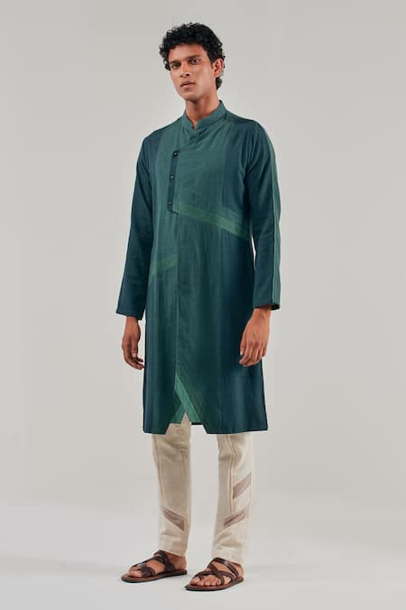 Shop_Shreyansh Designs_Green Cotton Linen Asymmetric Panelled Kurta _Online_at_Aza_Fashions