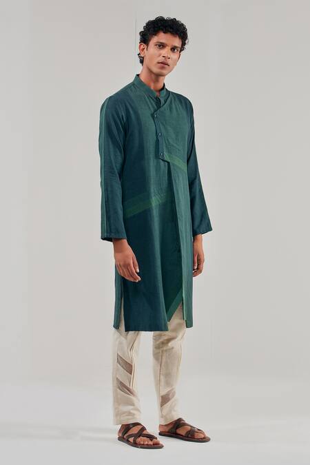 Shreyansh Designs_Green Cotton Linen Asymmetric Panelled Kurta _at_Aza_Fashions