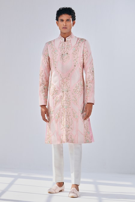 Buy_Shreyansh Designs_Pink Dupion Silk Floral Flowr Embroidered Sherwani _Online_at_Aza_Fashions