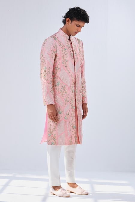 Shop_Shreyansh Designs_Pink Dupion Silk Floral Flowr Embroidered Sherwani _Online_at_Aza_Fashions