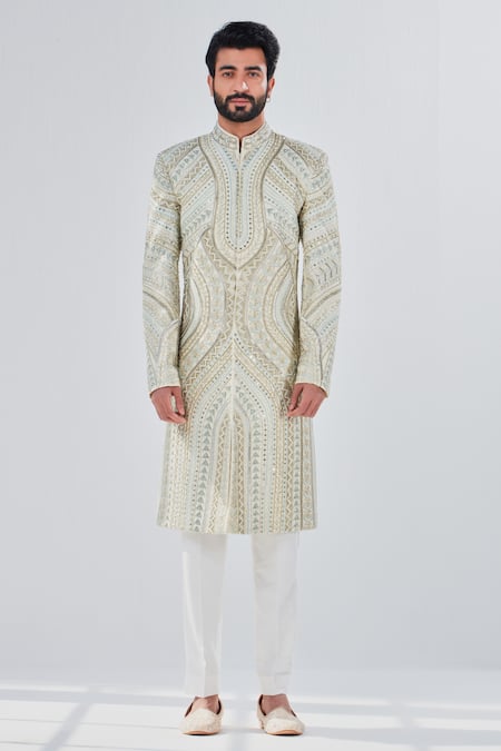 Buy_Shreyansh Designs_Ivory Dupion Silk Floral Cutdana And Pearl Embellished Sherwani _Online_at_Aza_Fashions