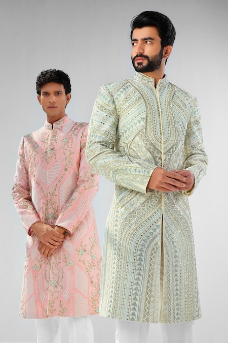 Shop_Shreyansh Designs_Ivory Dupion Silk Floral Cutdana And Pearl Embellished Sherwani _Online_at_Aza_Fashions