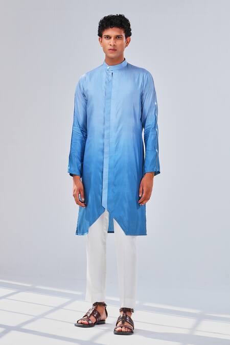 Shreyansh Designs_Blue Cotton Silk Asymmetric Ombre Kurta _Online_at_Aza_Fashions