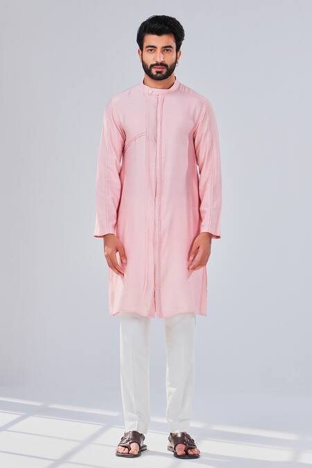 Shreyansh Designs_Pink Cotton Silk Stand Collared Kurta _Online_at_Aza_Fashions