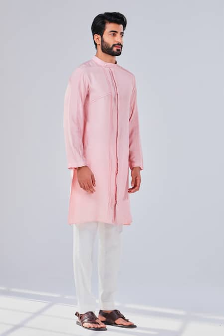 Buy_Shreyansh Designs_Pink Cotton Silk Stand Collared Kurta _Online_at_Aza_Fashions