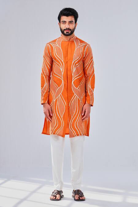 Shreyansh Designs_Orange Cotton Silk Waves Ornate Embroidered Kurta _Online_at_Aza_Fashions