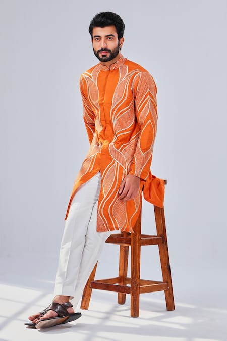 Buy_Shreyansh Designs_Orange Cotton Silk Waves Ornate Embroidered Kurta _Online_at_Aza_Fashions