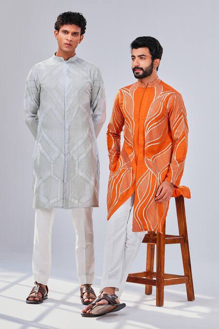 Shreyansh Designs_Orange Cotton Silk Waves Ornate Embroidered Kurta _at_Aza_Fashions