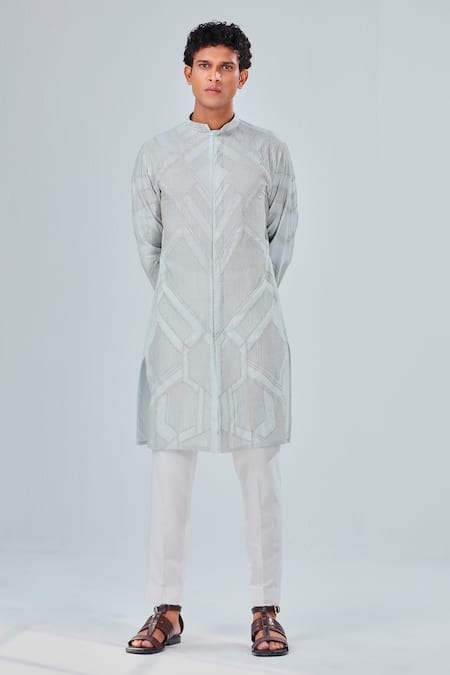 Shreyansh Designs_Blue Cotton Silk Embroidery Geometric Abstract Pattern Kurta _Online_at_Aza_Fashions
