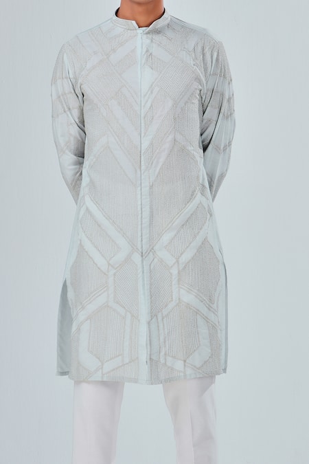 Buy_Shreyansh Designs_Blue Cotton Silk Embroidery Geometric Abstract Pattern Kurta _Online_at_Aza_Fashions