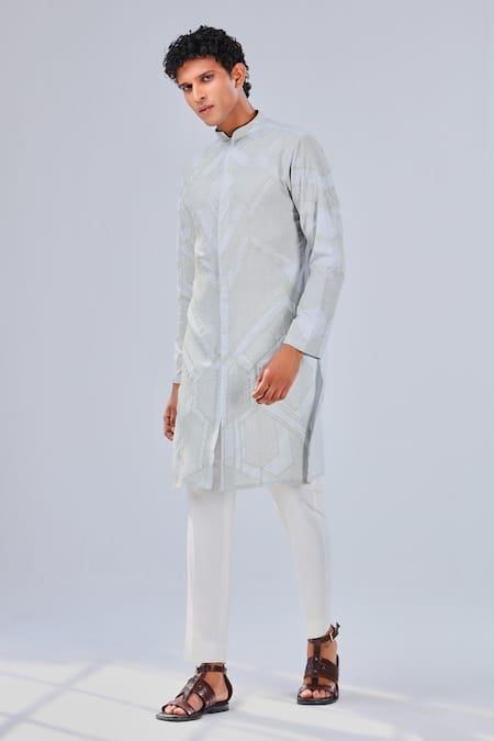Shop_Shreyansh Designs_Blue Cotton Silk Embroidery Geometric Abstract Pattern Kurta _Online_at_Aza_Fashions