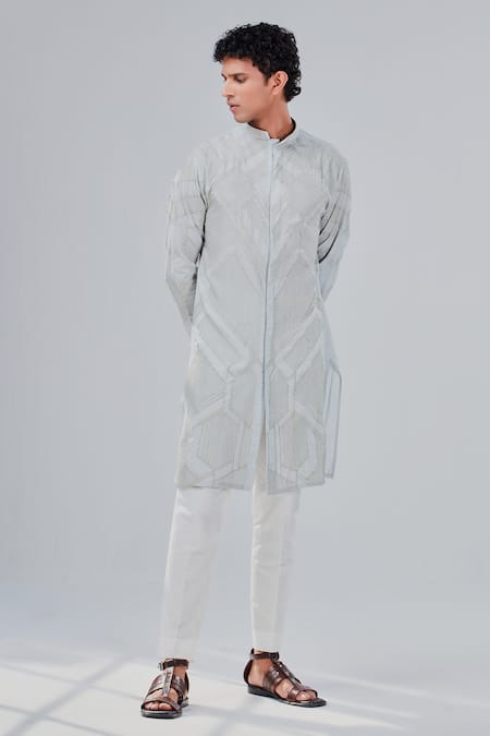 Shreyansh Designs_Blue Cotton Silk Embroidery Geometric Abstract Pattern Kurta _at_Aza_Fashions