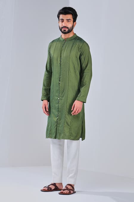 Shreyansh Designs_Green Cotton Silk Metallic Button Kurta _Online_at_Aza_Fashions