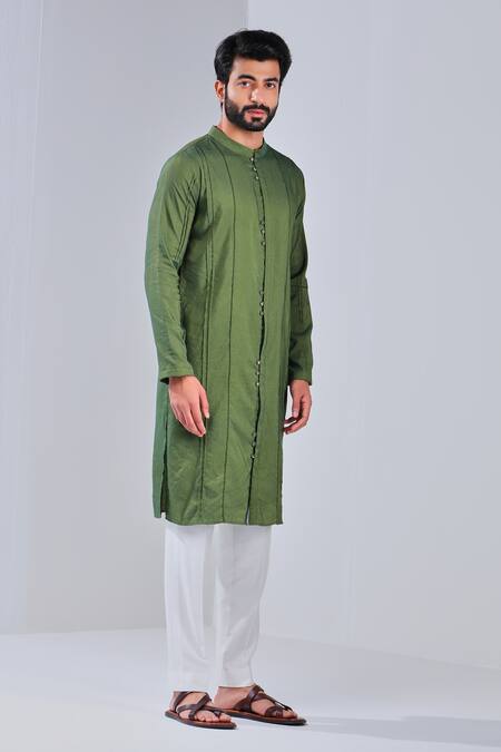 Buy_Shreyansh Designs_Green Cotton Silk Metallic Button Kurta _Online_at_Aza_Fashions