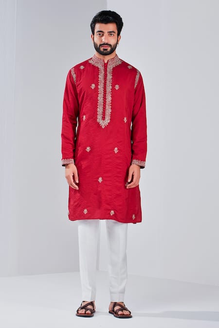 Shreyansh Designs_Red Cotton Silk Embroidery Flower Motif Kurta _Online_at_Aza_Fashions