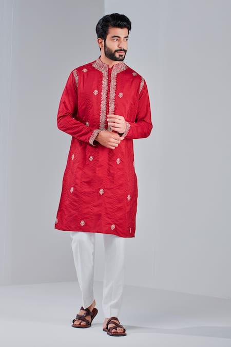 Shop_Shreyansh Designs_Red Cotton Silk Embroidery Flower Motif Kurta _Online_at_Aza_Fashions