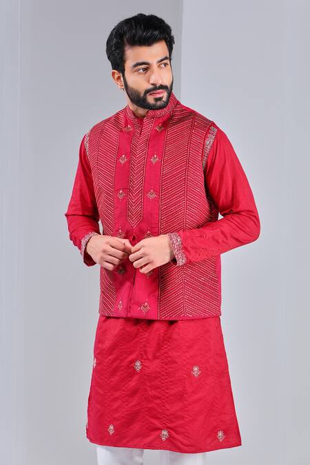 Buy_Shreyansh Designs_Red Dupion Silk Geometric Motif Embroidered Nehru Jacket _Online_at_Aza_Fashions
