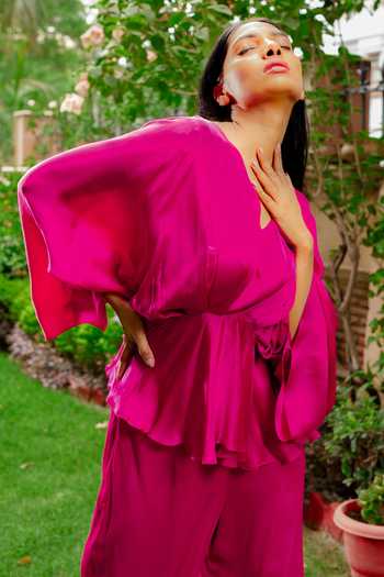 Omana By Ranjana Bothra_Pink Satin V-neck Cowl Sleeve Top And Wide Legged Trouser Set _Online_at_Aza_Fashions