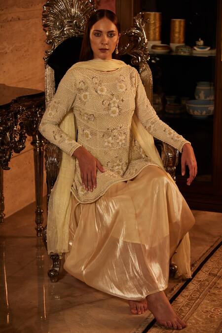 House of Exotique Ivory Organza, Net, Lurex Crystals, Pearls, Embroidered Embellished Kurta Set at Aza Fashions House of Exotique_Ivory Organza, Net, Lurex Crystals, Pearls, Embroidered Embellished Kurta Set _at_Aza_Fashions