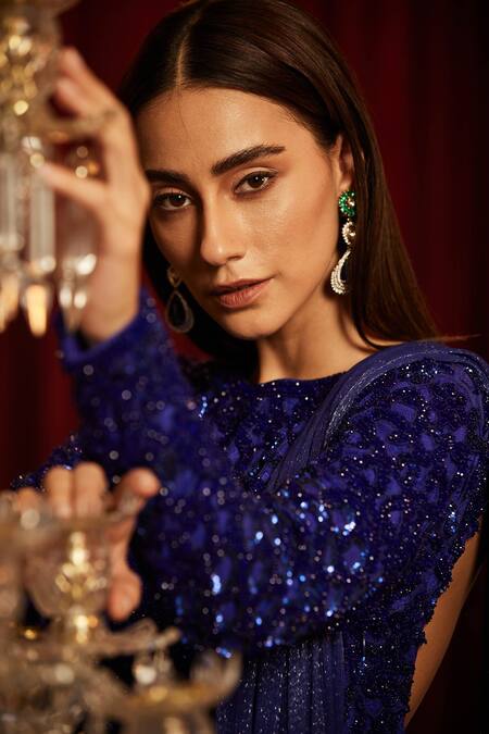 Buy_House of Exotique_Blue Net, Lurex Embroidery, Sequins, Crystals Round Neck Embellished Sharara Set _Online_at_Aza_Fashions
