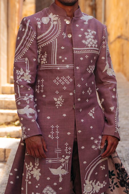 Sahil Kochhar_Pink Silk, Cotton Satin Embroidery Hrishan Flower Sherwani And Trouser Set _Online_at_Aza_Fashions