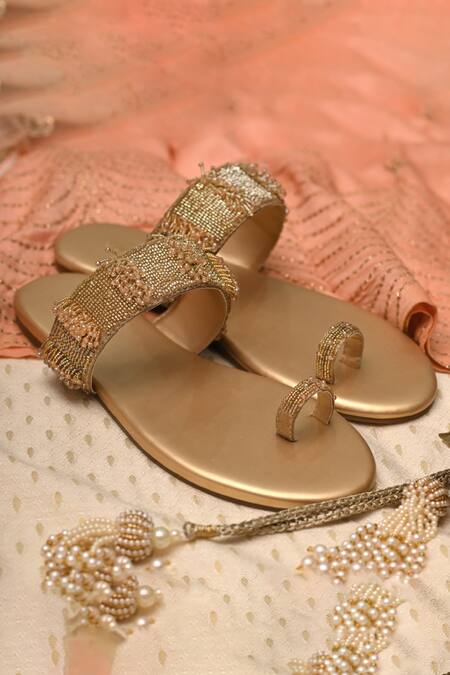 Coral Haze_Gold Embroidered Toe Ring Flats _Online_at_Aza_Fashions