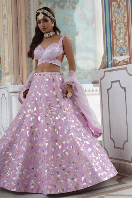 Buy_Xoxo Apurva_Purple Organza, Chanderi Zari, Applique, Sequins, Floral Bridal Lehenga Set _Online_at_Aza_Fashions