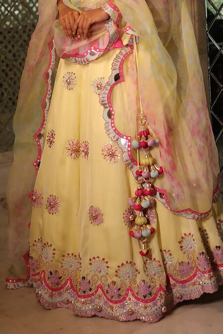 Shop Xoxo Apurva Yellow Satin, Organza, Silk Embroidery, Tassels Boat Neck Floral Lehenga Set Online at Aza Fashions Shop_Xoxo Apurva_Yellow Satin, Organza, Silk Embroidery, Tassels Boat Neck Floral Lehenga Set _Online_at_Aza_Fashions