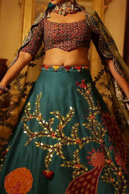 Buy Xoxo Apurva Blue Chanderi, Organza Embroidery, Zari Round Neck Zardosi Bridal Lehenga Set Buy_Xoxo Apurva_Blue Chanderi, Organza Embroidery, Zari Round Neck Zardosi Bridal Lehenga Set