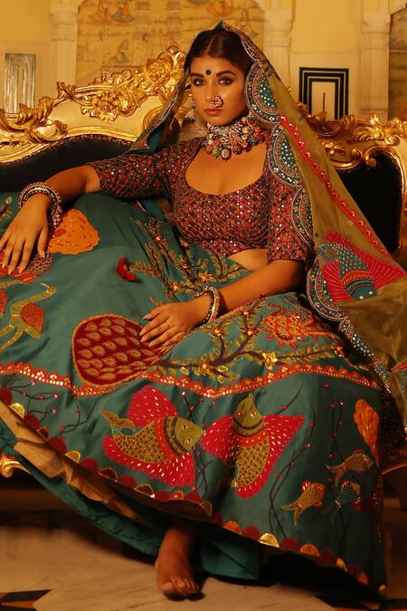 Shop_Xoxo Apurva_Blue Chanderi, Organza Embroidery, Zari Round Neck Zardosi Bridal Lehenga Set _Online_at_Aza_Fashions