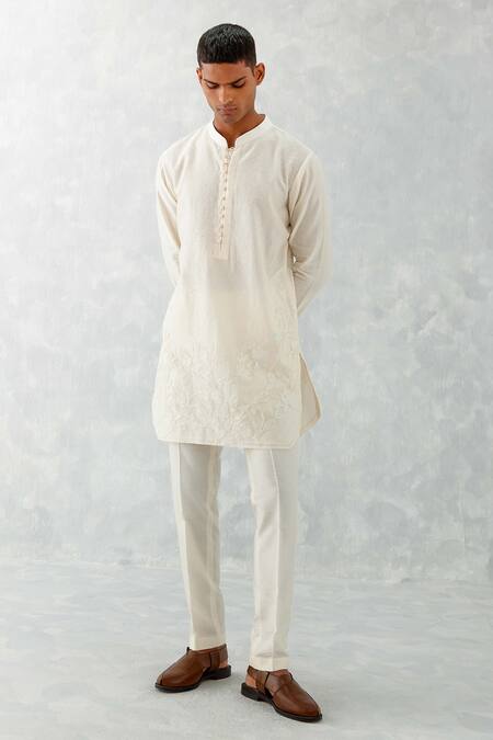 Devnaagri_Ivory Silk, Chanderi, Cotton Embroidery Floral Kurta With Pant _Online_at_Aza_Fashions