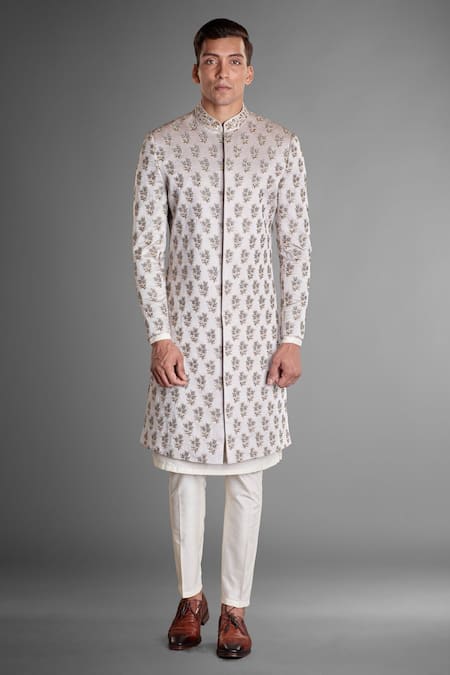 More Mischief_Grey Silk, Linen Embroidery Floral Sherwani Set_Online_at_Aza_Fashions