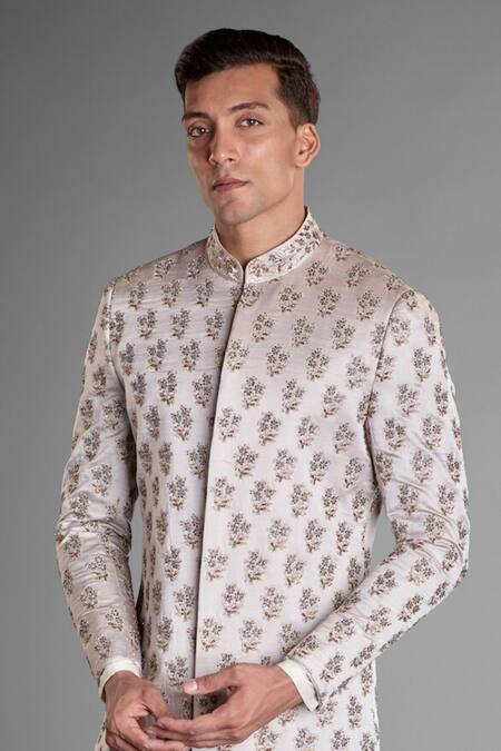 Buy_More Mischief_Grey Silk, Linen Embroidery Floral Sherwani_Online_at_Aza_Fashions