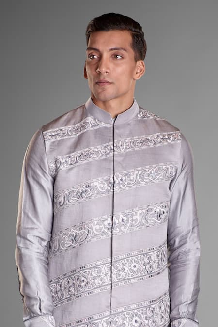 More Mischief_Gray Silk, Linen Embroidery Floral Asymmetric Bundi_Online_at_Aza_Fashions