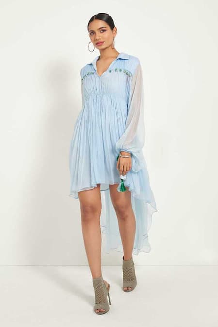 Style Junkiie_Blue Chiffon Tassels Shawl Neck Layered Dress _Online_at_Aza_Fashions