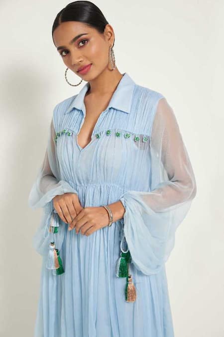 Buy_Style Junkiie_Blue Chiffon Tassels Shawl Neck Layered Dress _Online_at_Aza_Fashions