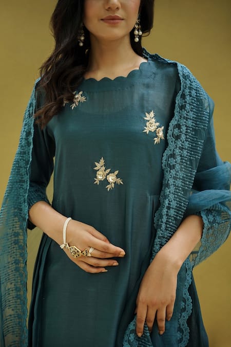 Naaz By Noor_Blue Cotton, Organza, Chanderi Flower Embroidery Round Handcrafted Kurta Set _at_Aza_Fashions