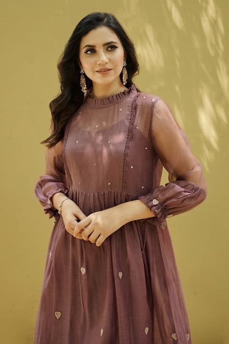 Shop Naaz By Noor Purple Cotton, Organza, Chanderi Heart Patch Round 3d Long Kurta And Pant Set Online at Aza Fashions Shop_Naaz By Noor_Purple Cotton, Organza, Chanderi Heart Patch Round 3d Long Kurta And Pant Set _Online_at_Aza_Fashions