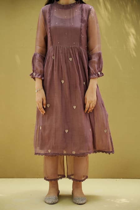 Naaz By Noor Purple Cotton, Organza, Chanderi Heart Patch Round 3d Long Kurta And Pant Set at Aza Fashions Naaz By Noor_Purple Cotton, Organza, Chanderi Heart Patch Round 3d Long Kurta And Pant Set _at_Aza_Fashions