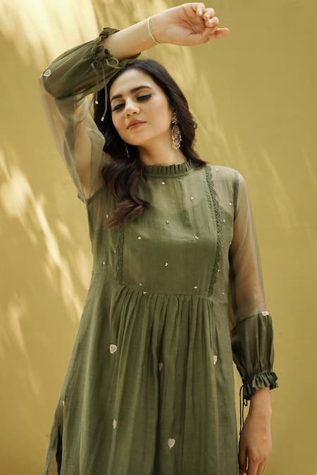 Shop Naaz By Noor Green Cotton, Organza, Chanderi Lace, Embroidery Heart Patch Designer Kurta Set Online at Aza Fashions Shop_Naaz By Noor_Green Cotton, Organza, Chanderi Lace, Embroidery Heart Patch Designer Kurta Set _Online_at_Aza_Fashions