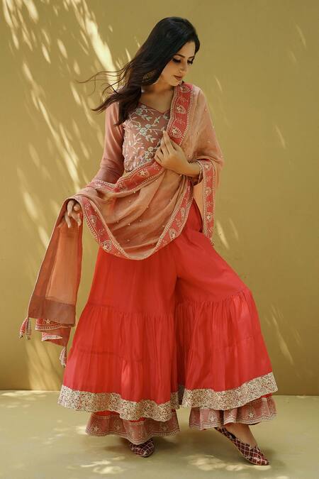 Buy_Naaz By Noor_Pink Cotton, Organza, Chanderi Flower Embroidery V Schiffli Hem Sharara Set _Online_at_Aza_Fashions