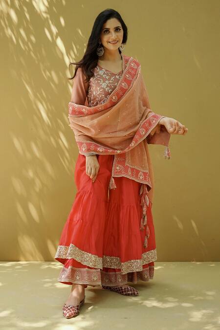 Shop_Naaz By Noor_Pink Cotton, Organza, Chanderi Flower Embroidery V Schiffli Hem Sharara Set _Online_at_Aza_Fashions
