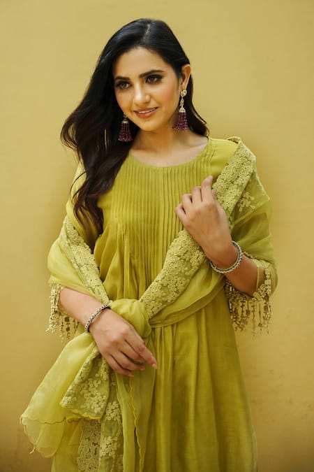 Buy Naaz By Noor Green Cotton, Organza, Chanderi Flower Embroidery Floral Lace Work Kurta Set Online at Aza Fashions Buy_Naaz By Noor_Green Cotton, Organza, Chanderi Flower Embroidery Floral Lace Work Kurta Set _Online_at_Aza_Fashions