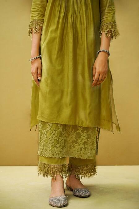 Shop Naaz By Noor Green Cotton, Organza, Chanderi Flower Embroidery Floral Lace Work Kurta Set Online at Aza Fashions Shop_Naaz By Noor_Green Cotton, Organza, Chanderi Flower Embroidery Floral Lace Work Kurta Set _Online_at_Aza_Fashions