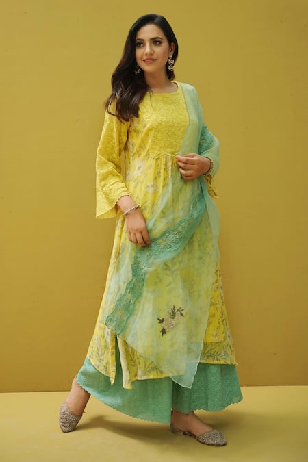 Buy_Naaz By Noor_Yellow Cotton, Organza, Chanderi Flower Embroidery Periwinkle Bodice Kurta Set _Online_at_Aza_Fashions