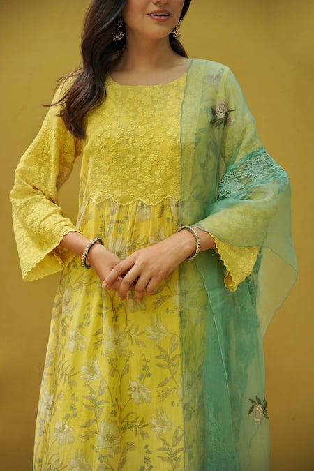 Naaz By Noor_Yellow Cotton, Organza, Chanderi Flower Embroidery Periwinkle Bodice Kurta Set _at_Aza_Fashions