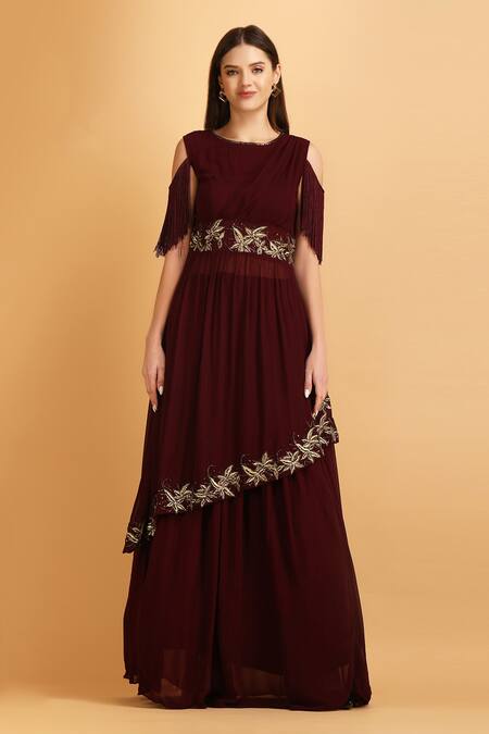 Label Ivish_Wine Viscose Zari, Embroidery Round Neck Asymmetrical Top With Skirt _Online_at_Aza_Fashions